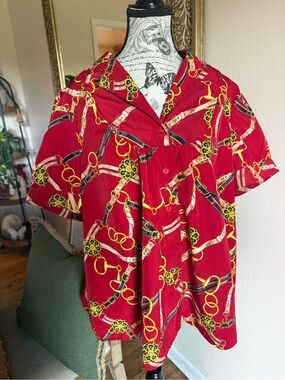Vintage Roaman's 18W Equestrian Chain Belt Print Shirt Blouse Red 80s 90s Plus